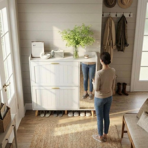 White slim shoe cabinet - white,